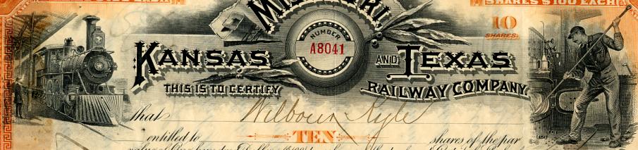 Kansas and Texas Railway Company Stock Certificate Missouri